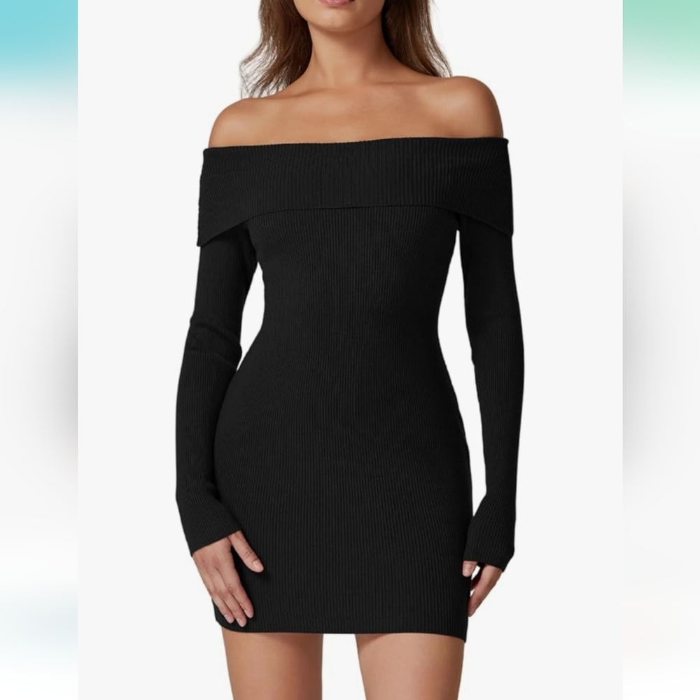 Qinsen Off Shoulder Ribbed Knit Dress Size M Like New 2985-ad